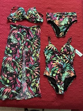 Freshwater 4pc Women’s Black Tropical Print Swim Set with Sarong